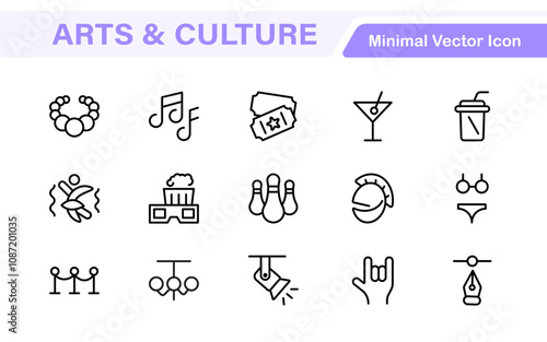 Arts and Culture Icon Set. High-quality icons for Museums, Music, Dance, Theater, Festivals, artistic Expression, Traditions, History, Crafts, and Creative Activities