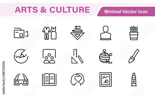 Arts and Culture Icon Set. High-quality icons for Museums, Music, Dance, Theater, Festivals, artistic Expression, Traditions, History, Crafts, and Creative Activities