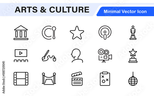 Arts and Culture Icon Set. High-quality icons for Museums, Music, Dance, Theater, Festivals, artistic Expression, Traditions, History, Crafts, and Creative Activities