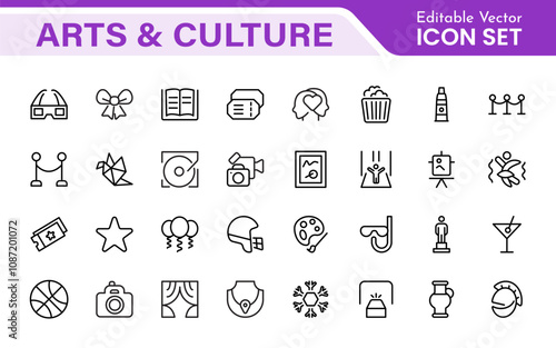 Arts and Culture Icon Set. High-quality icons for Museums, Music, Dance, Theater, Festivals, artistic Expression, Traditions, History, Crafts, and Creative Activities