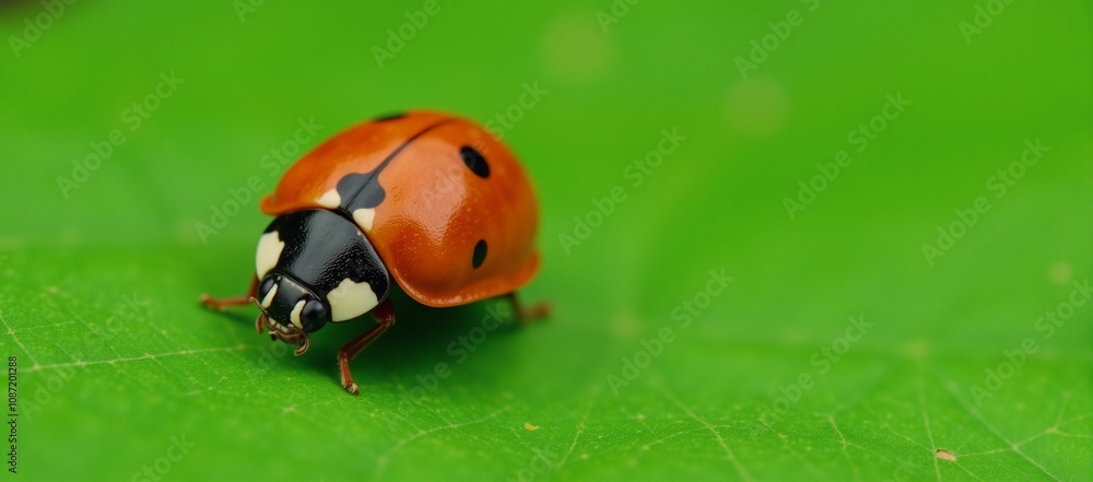 Obraz premium A ladybug sits upon a green leaf