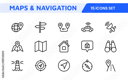 Maps Icon Set. Versatile and visually appealing icons for navigation, location services, and travel apps, designed to enhance user experience and make exploring the world more intuitive and enjoyable.
