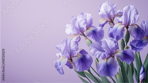 Banner with space for text lilac background with iris flowers. Happy Mother's Day greeting card, happy Valentine's Day, March 8, happy birthday