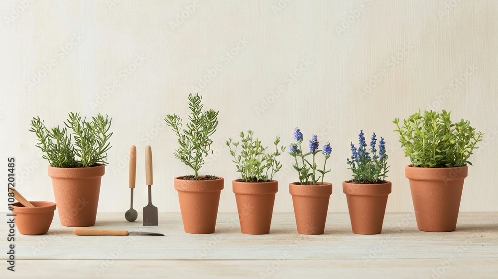 Fototapeta premium Plants, wooden table, shovel, spatula