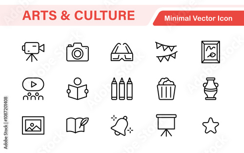 Arts and Culture Icon Set. High-quality icons for Museums, Music, Dance, Theater, Festivals, artistic Expression, Traditions, History, Crafts, and Creative Activities
