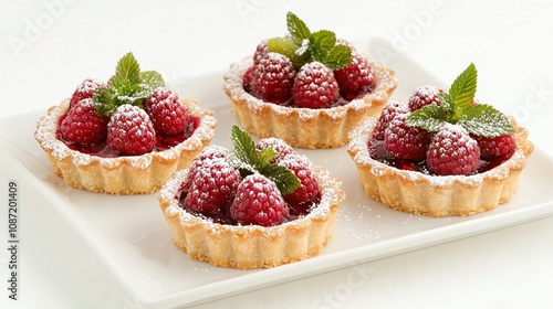  Raspberry Tarts with Powdered Sugar and Mint on a White Plate