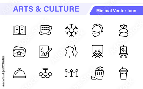 Arts and Culture Icon Set. High-quality icons for Museums, Music, Dance, Theater, Festivals, artistic Expression, Traditions, History, Crafts, and Creative Activities