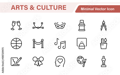 Arts and Culture Icon Set. High-quality icons for Museums, Music, Dance, Theater, Festivals, artistic Expression, Traditions, History, Crafts, and Creative Activities