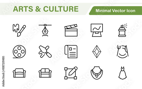 Arts and Culture Icon Set. High-quality icons for Museums, Music, Dance, Theater, Festivals, artistic Expression, Traditions, History, Crafts, and Creative Activities