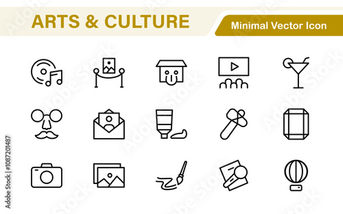 Arts and Culture Icon Set. High-quality icons for Museums, Music, Dance, Theater, Festivals, artistic Expression, Traditions, History, Crafts, and Creative Activities