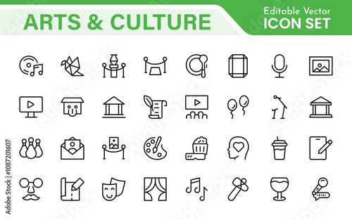 Arts and Culture Icon Set. High-quality icons for Museums, Music, Dance, Theater, Festivals, artistic Expression, Traditions, History, Crafts, and Creative Activities