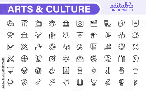 Arts and Culture Icon Set. High-quality icons for Museums, Music, Dance, Theater, Festivals, artistic Expression, Traditions, History, Crafts, and Creative Activities