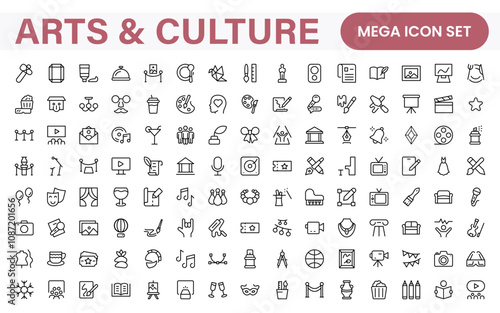 Arts and Culture Icon Set. High-quality icons for Museums, Music, Dance, Theater, Festivals, artistic Expression, Traditions, History, Crafts, and Creative Activities