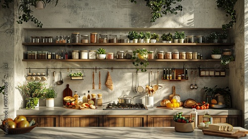 Elegant Kitchen Display with Wooden Podium: Ideal for Food Product Showcases and Culinary Advertisements