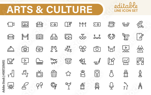 Arts and Culture Icon Set. High-quality icons for Museums, Music, Dance, Theater, Festivals, artistic Expression, Traditions, History, Crafts, and Creative Activities