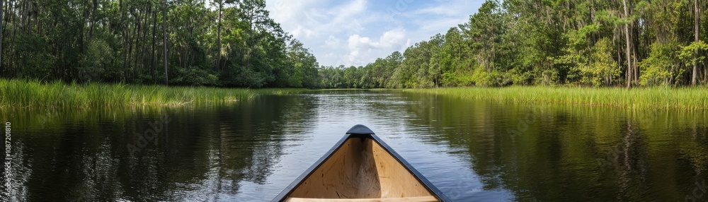 Serene canoe view, reflecting lush greenery and blue sky in calm waters, perfect for nature exploration. Serene canoe view, reflecting lush greenery and blue sky in calm waters, perfect for nature exploration.