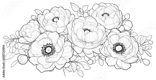 Composition of Big Beautiful Flowers Coloring Page for Kids Elegant Floral Arrangement Illustration Vibrant Flower Design Fun Garden Scene Drawing Stunning Bloom Art Page