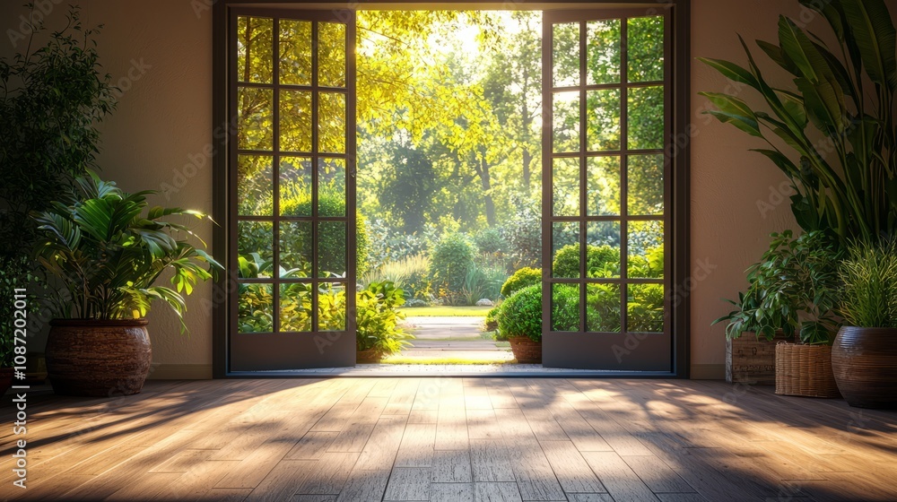 Bright Sunlight Through Open French Doors in Garden Bright Sunlight Through Open French Doors in Garden