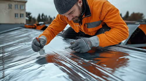 Man in orange jacket and gloves applying sealant on a roof with a metal surface using a spatula outdoors. photo