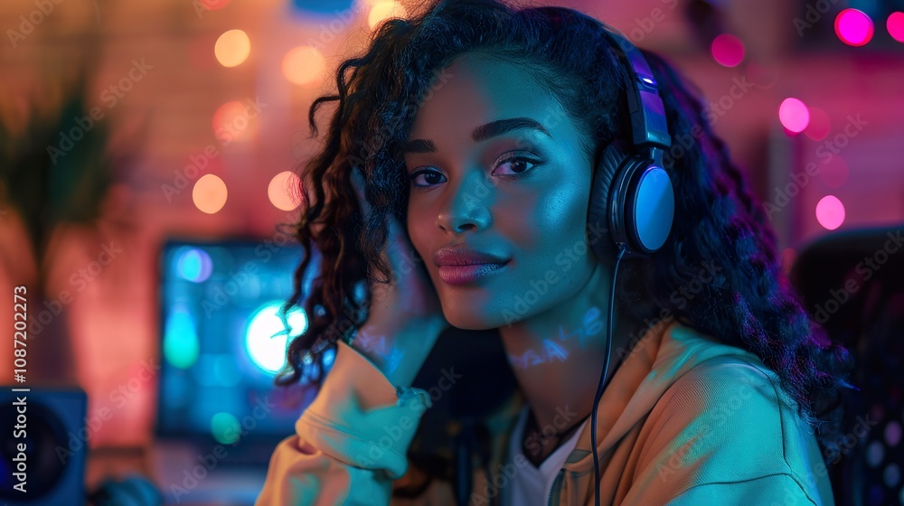 Energetic Female Content Creator Preparing for Live Podcast in Vibrant Studio Environment. This image showcases a young woman enthusiastically Energetic Female Content Creator Preparing for Live Podcast in Vibrant Studio Environment. This image showcases a young woman enthusiastically