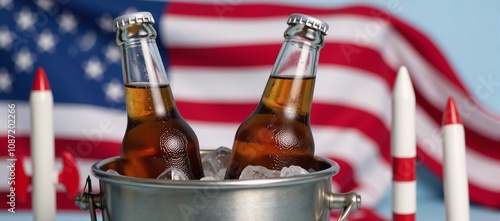 Ice-bucket with two beers American flag and rockets symbolize Fourth of July festivities photo