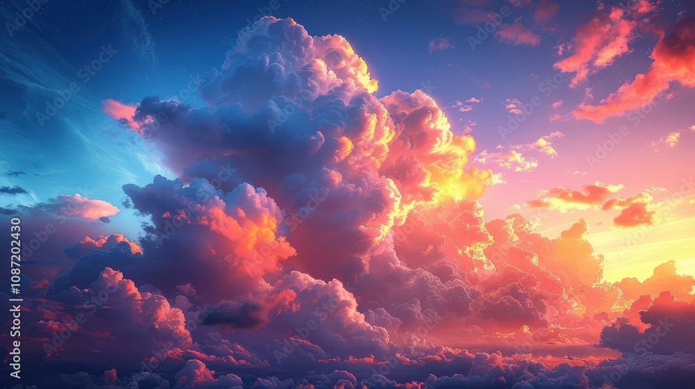Vibrant sunset clouds fill the sky with warm hues over a serene landscape during late evening in peaceful solitude Vibrant sunset clouds fill the sky with warm hues over a serene landscape during late evening in peaceful solitude