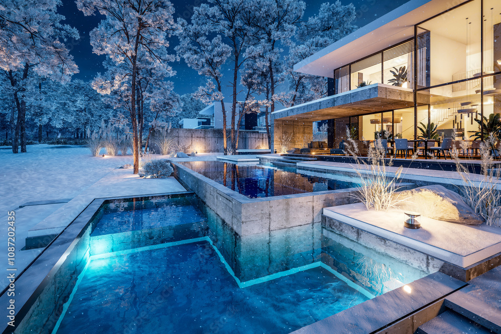 custom made wallpaper toronto digital3d rendering of flat roof house with parking and pool for sale or rent with concrete facade and beautiful landscaping on background. Cool winter night with stars and snow in sky