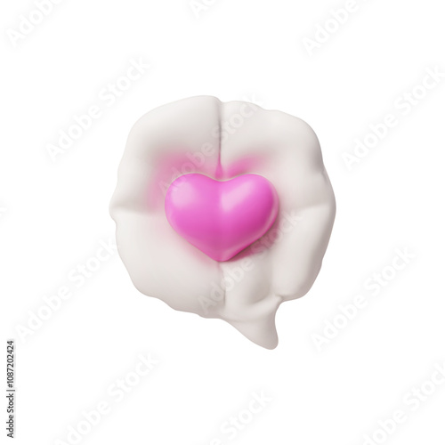 Vector 3d illustration of inflatable round white dialog bubble with pink heart.