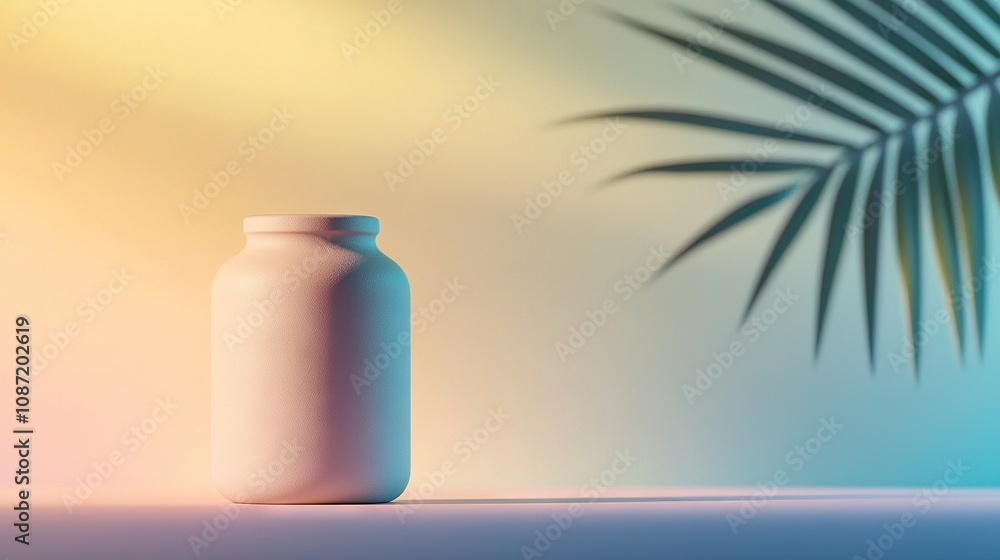 A white bottle rests atop a table, surrounded by a blue and yellow background, with a palm leaf positioned beside it A white bottle rests atop a table, surrounded by a blue and yellow background, with a palm leaf positioned beside it