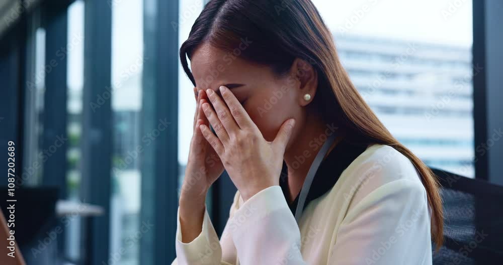 Japanese, business woman and stress with laptop, technical glitch and error 404 in system update. Female person, headache and upset for project deadline, software malfunction or office as accountant Japanese, business woman and stress with laptop, technical glitch and error 404 in system update. Female person, headache and upset for project deadline, software malfunction or office as accountant