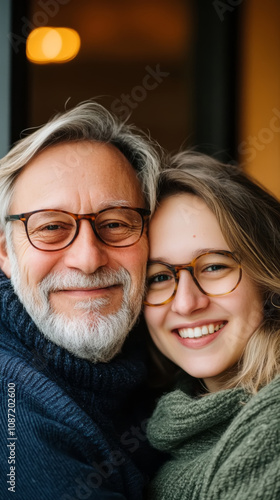 A joyful embrace between a grandfather and granddaughter indoors in a cozy setting during the late afternoon