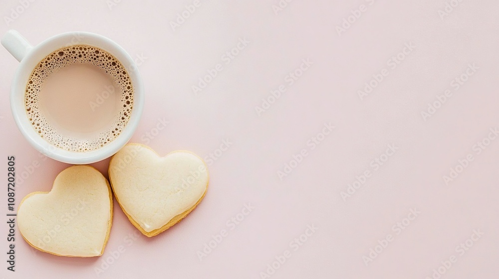 Obraz premium A couple of heart-shaped cookies on a pink surface with a heart-shaped coffee mug