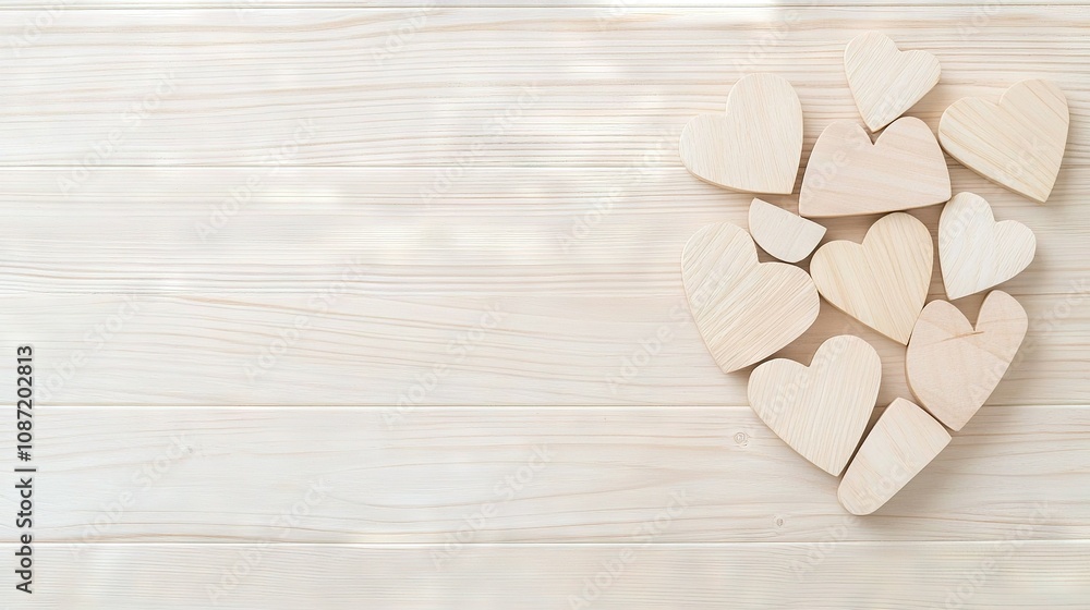 Fototapeta premium A collection of wooden hearts stacked atop a white wooden table and adjacent to a wooden heart-shaped cutout
