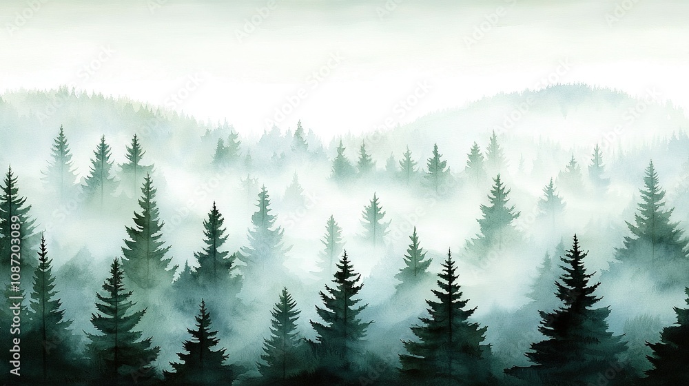 Foggy forest w/pine trees in fg & mountain bg Foggy forest w/pine trees in fg & mountain bg
