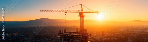 A construction crane operates against a stunning sunset, showcasing the beauty of urban development and architecture.