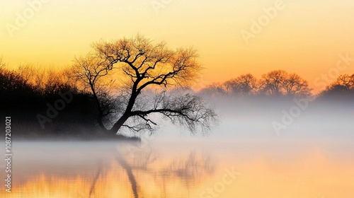  A solitary tree amidst a serene lake shrouded in mist, surrounded by towering trees