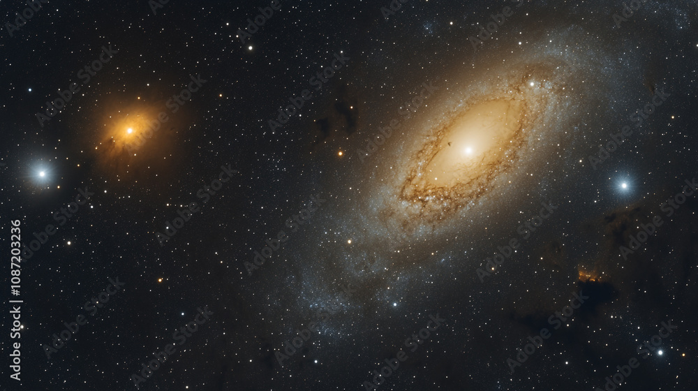Naklejka premium Stunning view of the Andromeda Galaxy and its neighboring celestial bodies in deep space