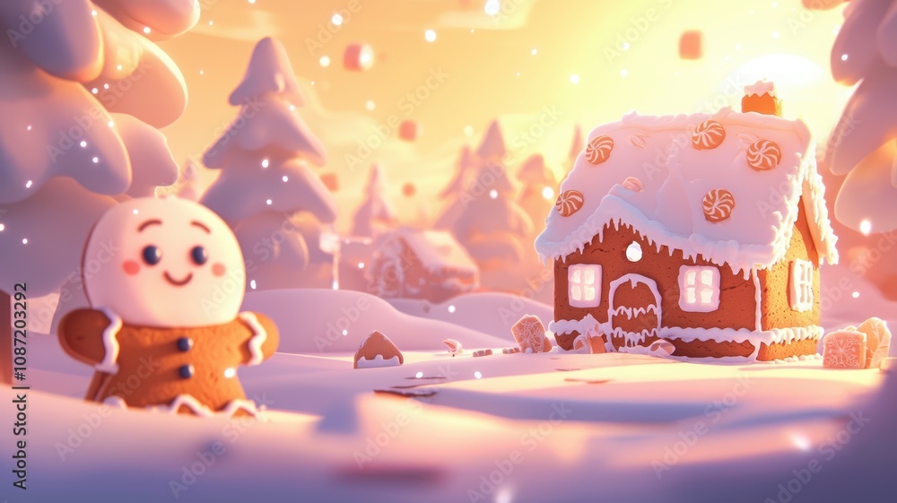 Naklejka premium A whimsical winter scene featuring a gingerbread house and cheerful snowman.