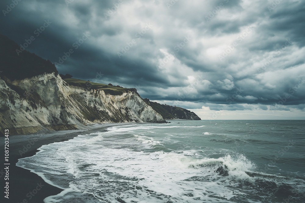 Stormy Seascape: A Dramatic Wave Clash with Rugged Cliffs Stormy Seascape: A Dramatic Wave Clash with Rugged Cliffs