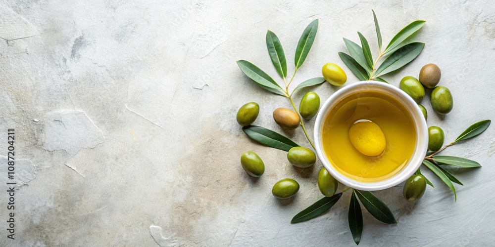 Aromatic Olive Oil with Freshly Picked Olives and Leaves on a Textured Surface Aromatic Olive Oil with Freshly Picked Olives and Leaves on a Textured Surface