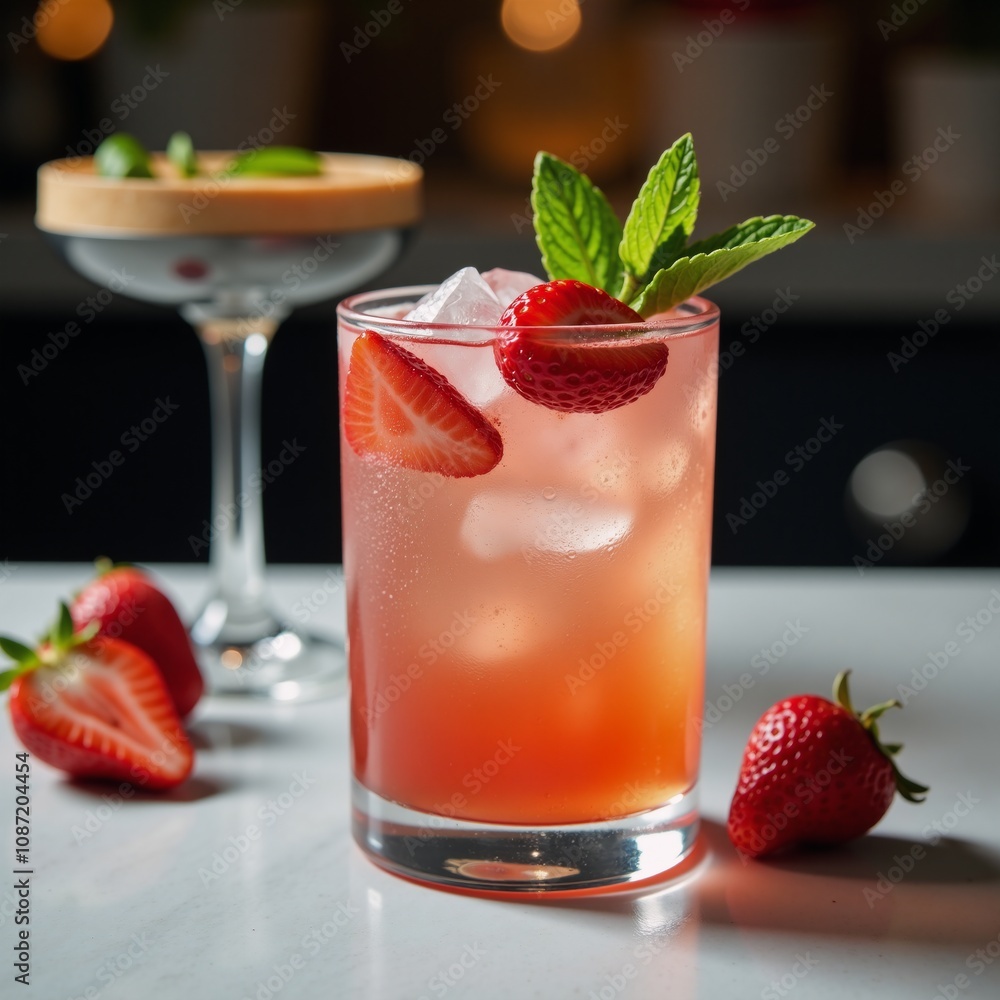 A refreshing strawberry-mint cocktail with bar ambiance in an inviting mixology setting cocktails fresh produce mixed drinks A refreshing strawberry-mint cocktail with bar ambiance in an inviting mixology setting cocktails fresh produce mixed drinks