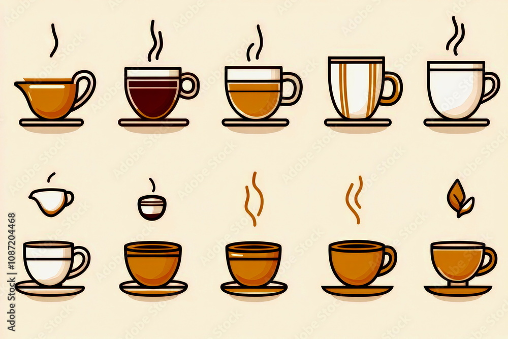 Illustrative elements of coffee and tea, simple line art of mugs and cups for cafe-related designs Illustrative elements of coffee and tea, simple line art of mugs and cups for cafe-related designs