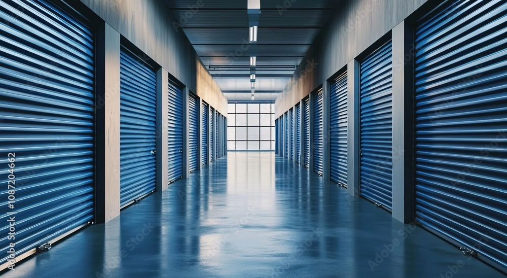 A wide-angle view of an indoor storage unit with rows of blue roller doors