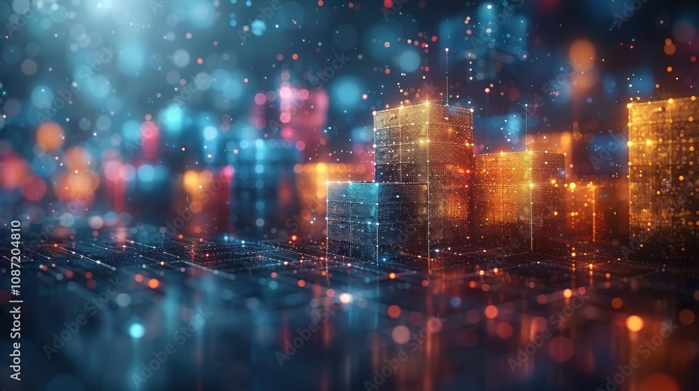 Abstract representation of a glowing city skyline with colorful lights reflecting on a dark surface at night Abstract representation of a glowing city skyline with colorful lights reflecting on a dark surface at night