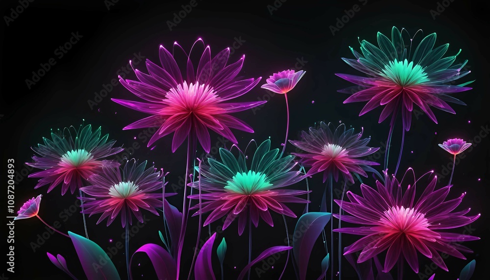 Glowing Abstract Flowers in Dark Background