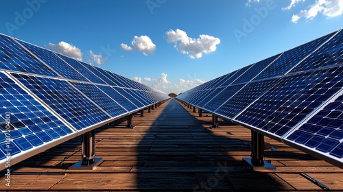 Vast solar panels stretching towards the horizon under a clear blue sky. photo