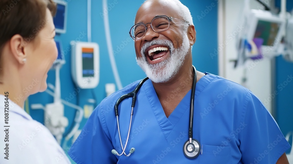Senior Man Sharing Warm Laugh with Caring Nurse in Healthcare Setting Senior Man Sharing Warm Laugh with Caring Nurse in Healthcare Setting