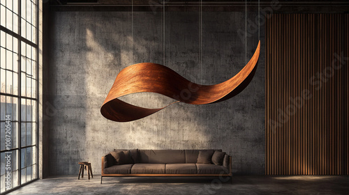   A spacious room featuring a cozy sofa and a grand wooden artpiece suspended above the window on one side