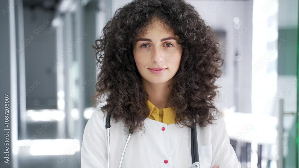 Portrait of serious female doctor in white coat looking at camera while standing in modern hospital clinic. Headshot confident young brunette woman medical worker physician poses in office. Close up Portrait of serious female doctor in white coat looking at camera while standing in modern hospital clinic. Headshot confident young brunette woman medical worker physician poses in office. Close up