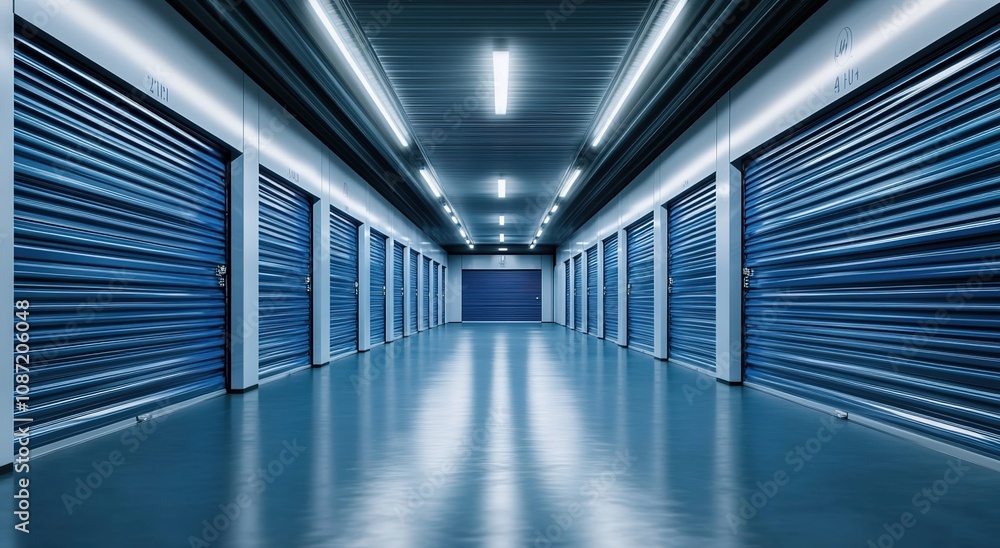 A wide-angle view of an indoor storage unit with rows of blue roller doors A wide-angle view of an indoor storage unit with rows of blue roller doors